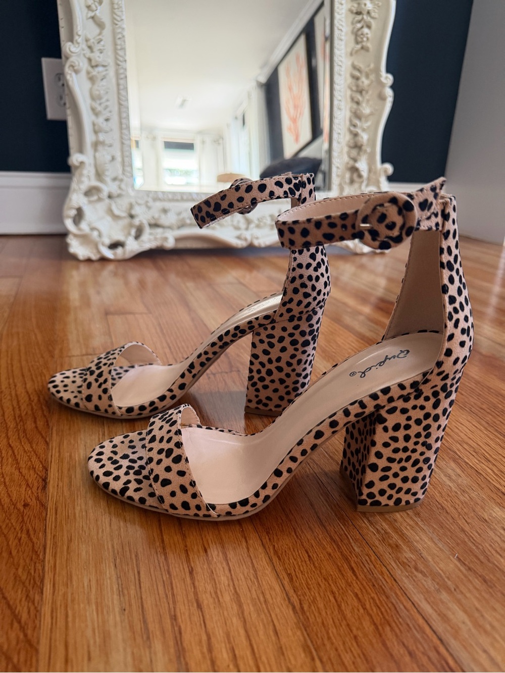 Qupid Leopard Print Tan and Black Ankle Strap Block Heels